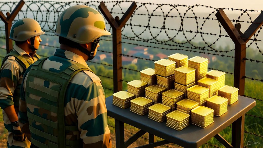 BSF gold seizure: jawans inspecting a large haul of seized gold biscuits at the India-Bangladesh border, highlighting border security success."l