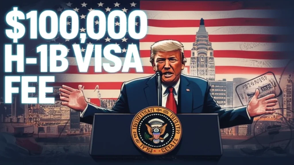 Donald Trump announcing $100,000 H-1B visa fee with U.S. flag backdrop.