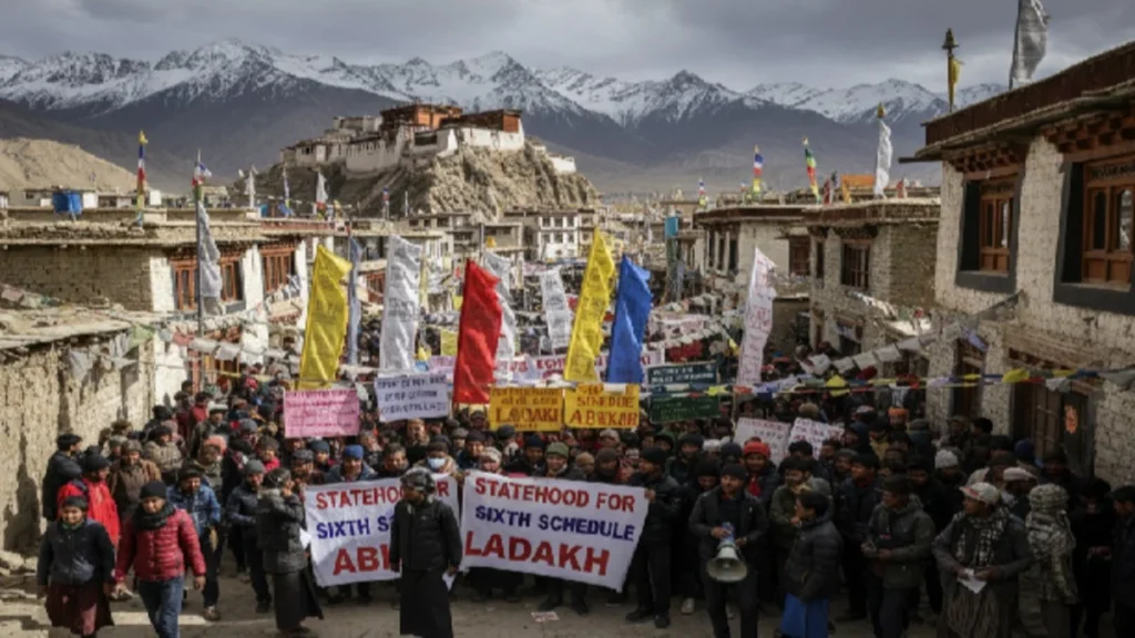 Young Ladakhi protesters gather in Leh demanding statehood and Sixth Schedule status with Himalayan mountains backdrop