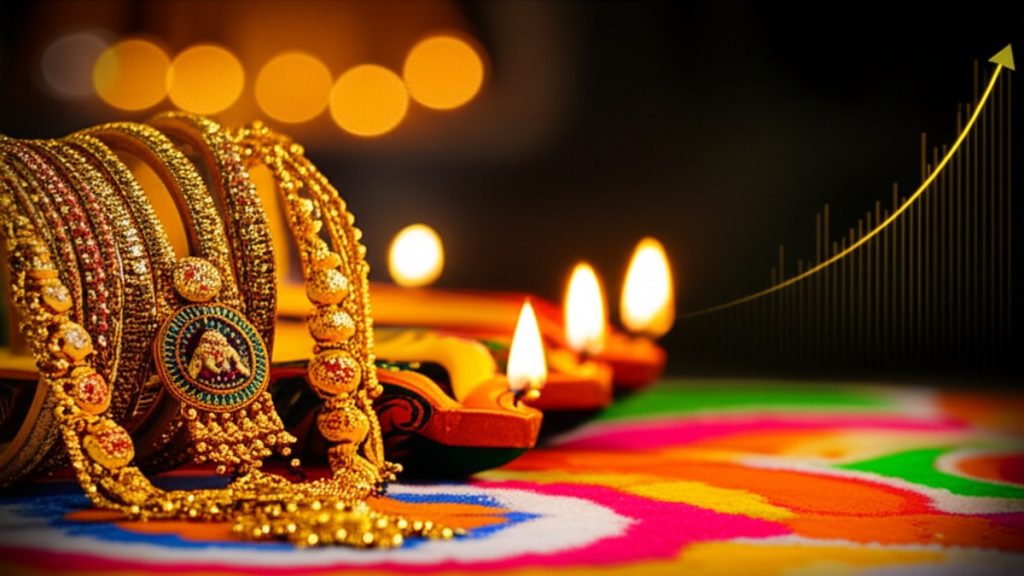 Gold Price Today Rises Sharply: Festive Season Jitters And Supply Warnings 1 A picture of traditional gold jewelry and Diwali lamps, illustrating the surge in the gold price today during the festive season.
