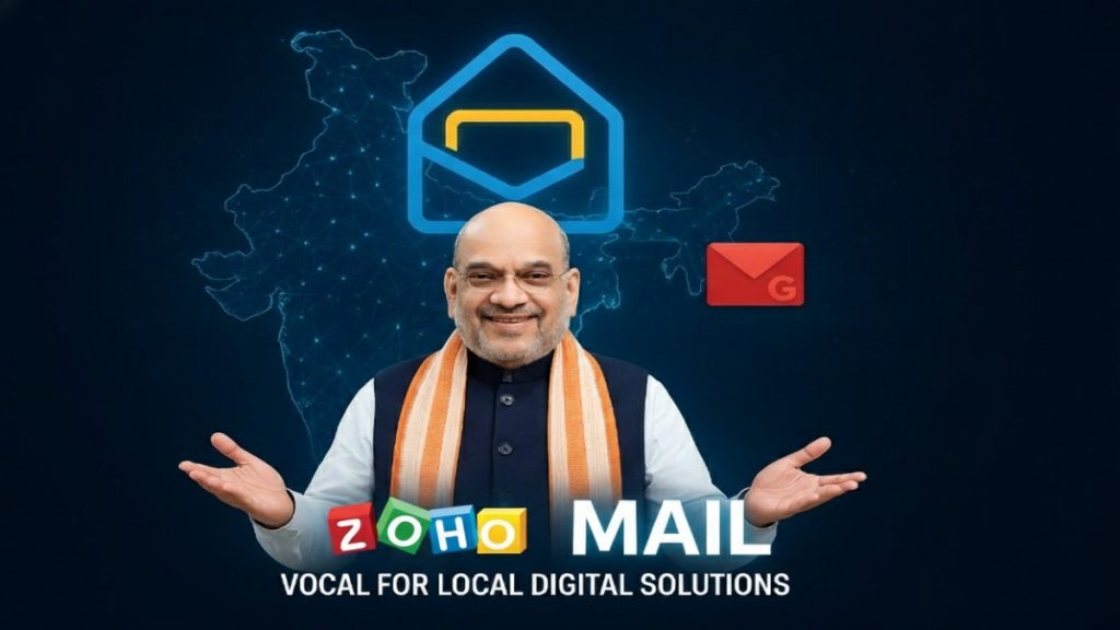 Switch To Zoho Mail Free: Amit Shah'S Bold Move 1 Union Home Minister Amit Shah standing next to a prominent Zoho Mail logo, symbolizing the switch from a generic email service (G logo) to the homegrown platform for data security.