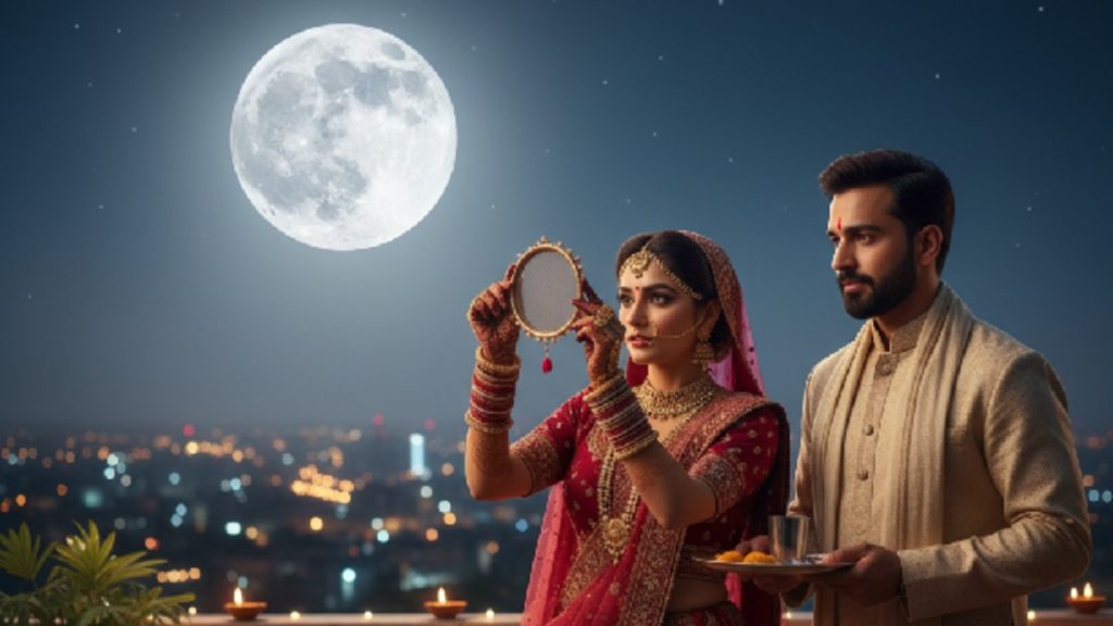 Karva Chauth 2025: Vrat Vidhi, Moon Sighting Time Today, And Healthy Fasting Tips Explained 1 A married Hindu woman in a red lehenga looking at the full moon through a sieve, while her husband offers her water to break her Karva Chauth 2025 fast.