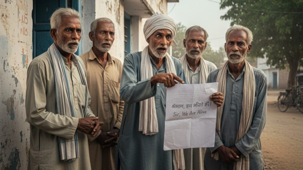 Five frustrated villagers giving a memorandum at the BDO office over the Bihar voter list error.
