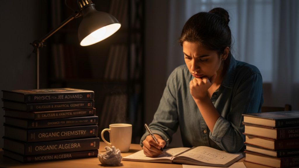 Dedicated student preparing for JEE Advanced with intensive study, highlighting the conceptual depth required for IIT admission.