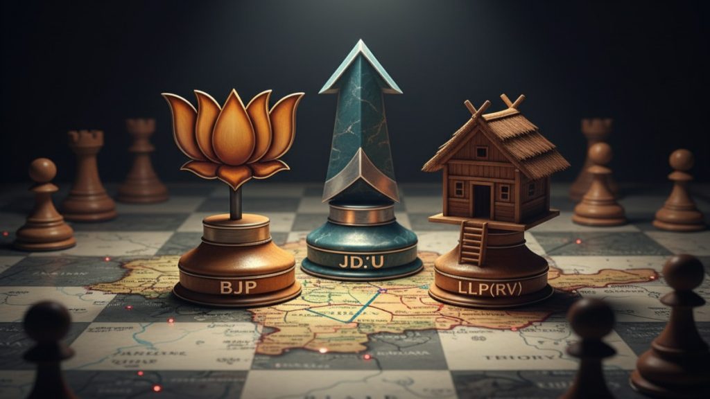 Political chessboard metaphor illustrating complex seat sharing in Bihar elections among BJP, JD(U), and LJP in the NDA alliance.
