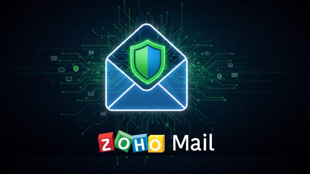 Switch To Zoho Mail Free: Amit Shah'S Bold Move 2 Conceptual image illustrating Zoho Mail's strong email security, featuring a digital shield protecting a mail envelope from advertising and tracking icons, highlighting its ad-free policy.