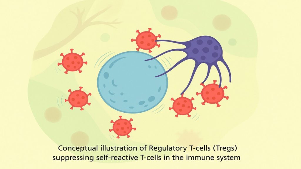 Unlocking Immune Secrets: The Medicine Nobel Prize 2025 Revolution 2 Conceptual illustration of Regulatory T-cells (Tregs) suppressing self-reactive T-cells in the immune system.
