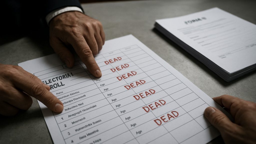 An open voter list on an Election Commission of India (ECI) official's desk, showing names marked 'dead' in red ink, next to the Form-6 paper.