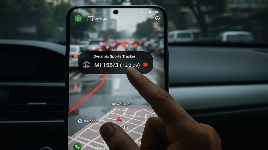 The Future Is Now: Everything You Need To Know About The Game-Changing Oneplus Oxygenos 16 4 OnePlus OxygenOS 16 Dynamic Sports Tracker feature showing a live cricket score while navigating in traffic. Image Slug: