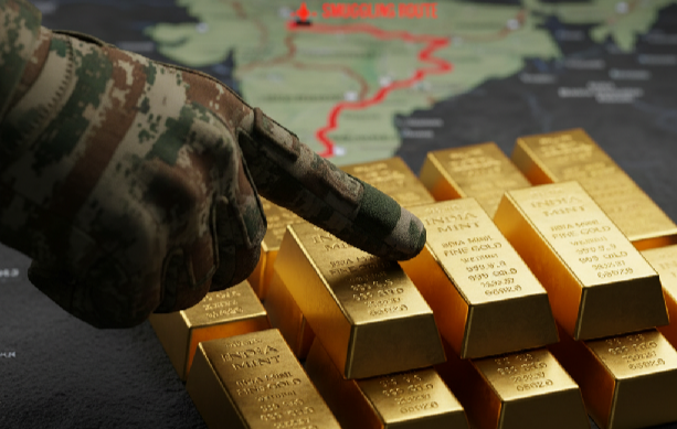 Close-up of seized gold biscuits, with a BSF hand and a blurred map of the India-Bangladesh border smuggling route in the background.