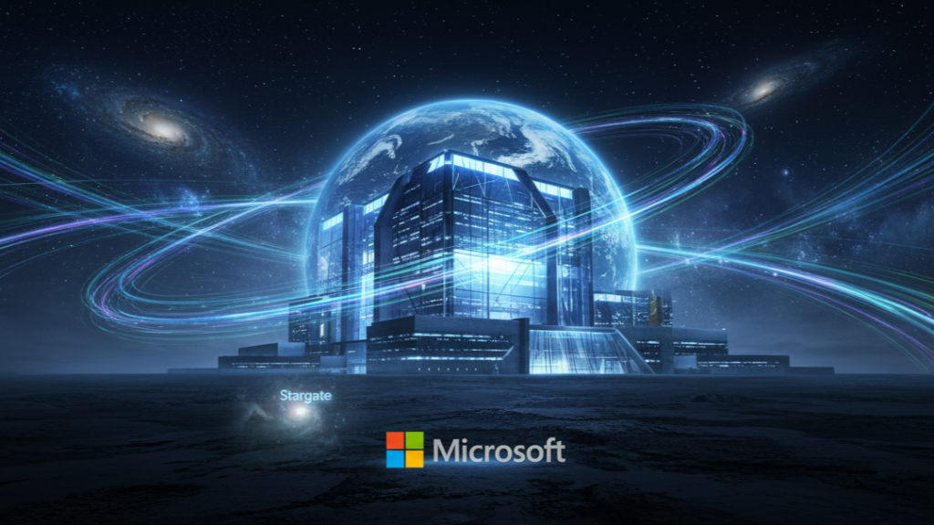 Microsoft Skips Openai’s Stargate: Bets $120B On Global Ai Infrastructure By Fy26 1 Microsoft's massive Azure data center glowing under night sky, symbolizing $120B investment in global AI infrastructure.