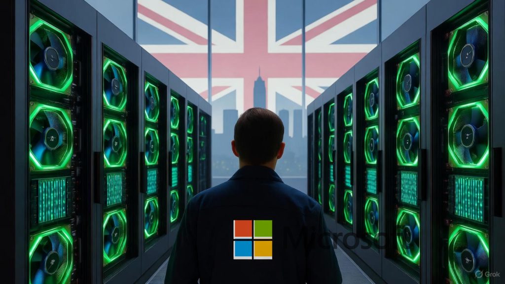 Microsoft Skips Openai’s Stargate: Bets $120B On Global Ai Infrastructure By Fy26 2 Massive NVIDIA GPU supercomputer hall in new Microsoft UK data center, showing $30 billion UK AI investment.